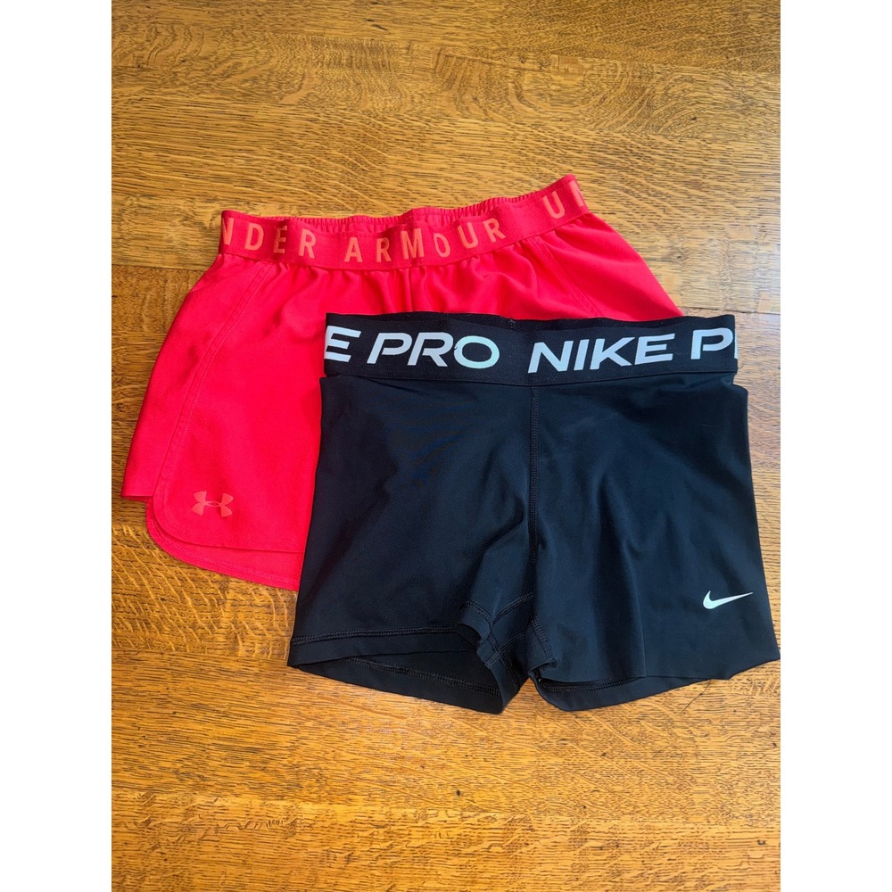 Nike Pro Black Compression & Under Armour Pink Red Athletic Shorts Bundle Womens